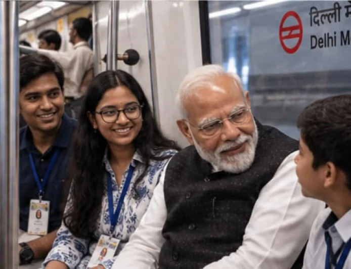  मेट्रो कार्ड हाथ में, छात्रों के बीच बैठे पीएम मोदी - SRCC के शताब्दी समारोह में पहुंचे मेट्रो से